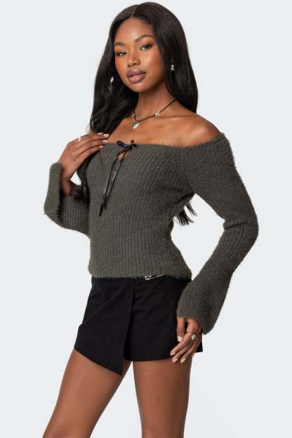 Keyhole Off Shoulder Ribbed Knit Top - GRAY