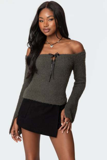 Keyhole Off Shoulder Ribbed Knit Top - GRAY