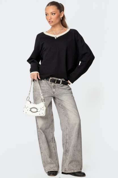 Contrast V Neck Knit Sweater - BLACK