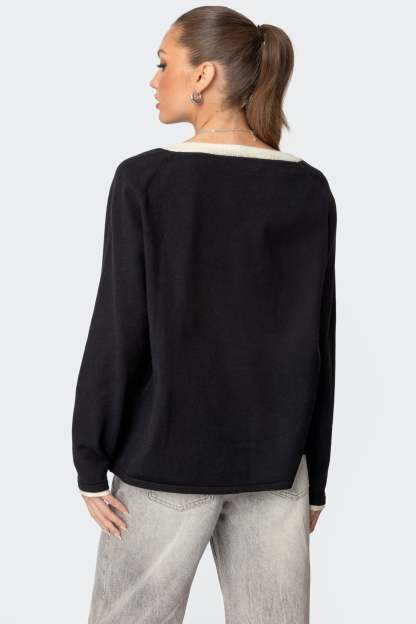 Contrast V Neck Knit Sweater - BLACK