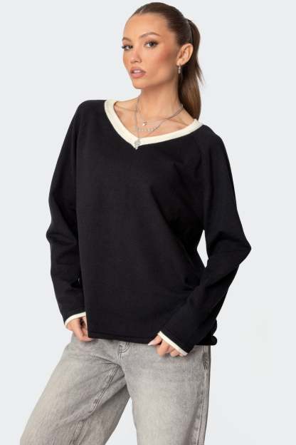 Contrast V Neck Knit Sweater - BLACK