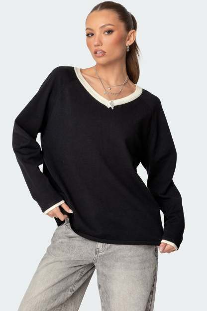 Contrast V Neck Knit Sweater - BLACK