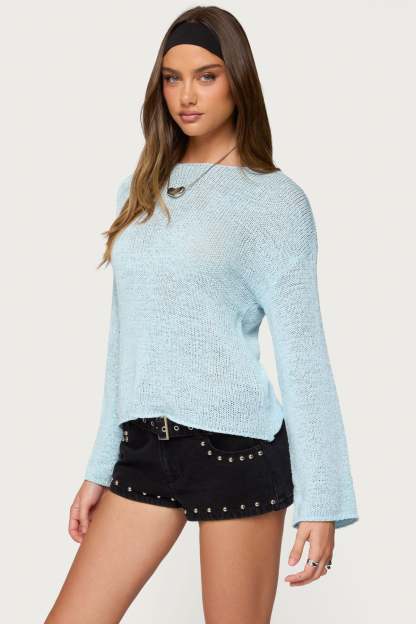 Drop Shoulder Light Knit Sweater - LIGHT-BLUE