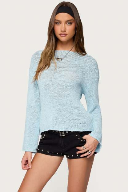 Drop Shoulder Light Knit Sweater - LIGHT-BLUE