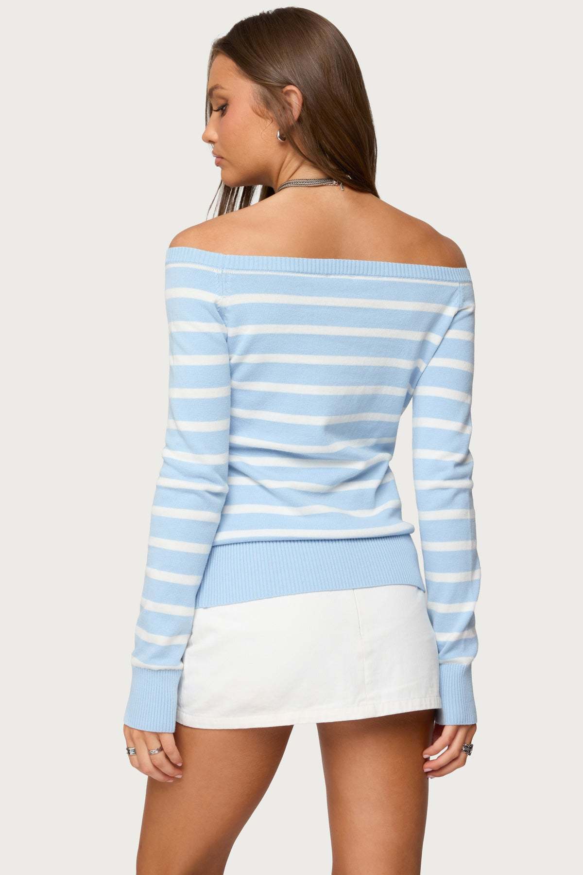 Lori Striped Off Shoulder Sweater - LIGHT-BLUE
