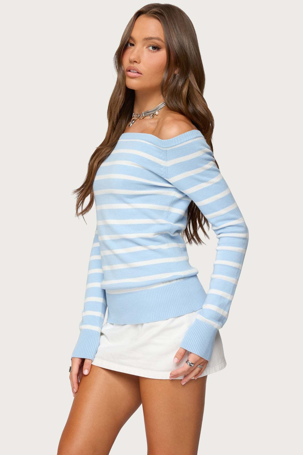 Lori Striped Off Shoulder Sweater - LIGHT-BLUE