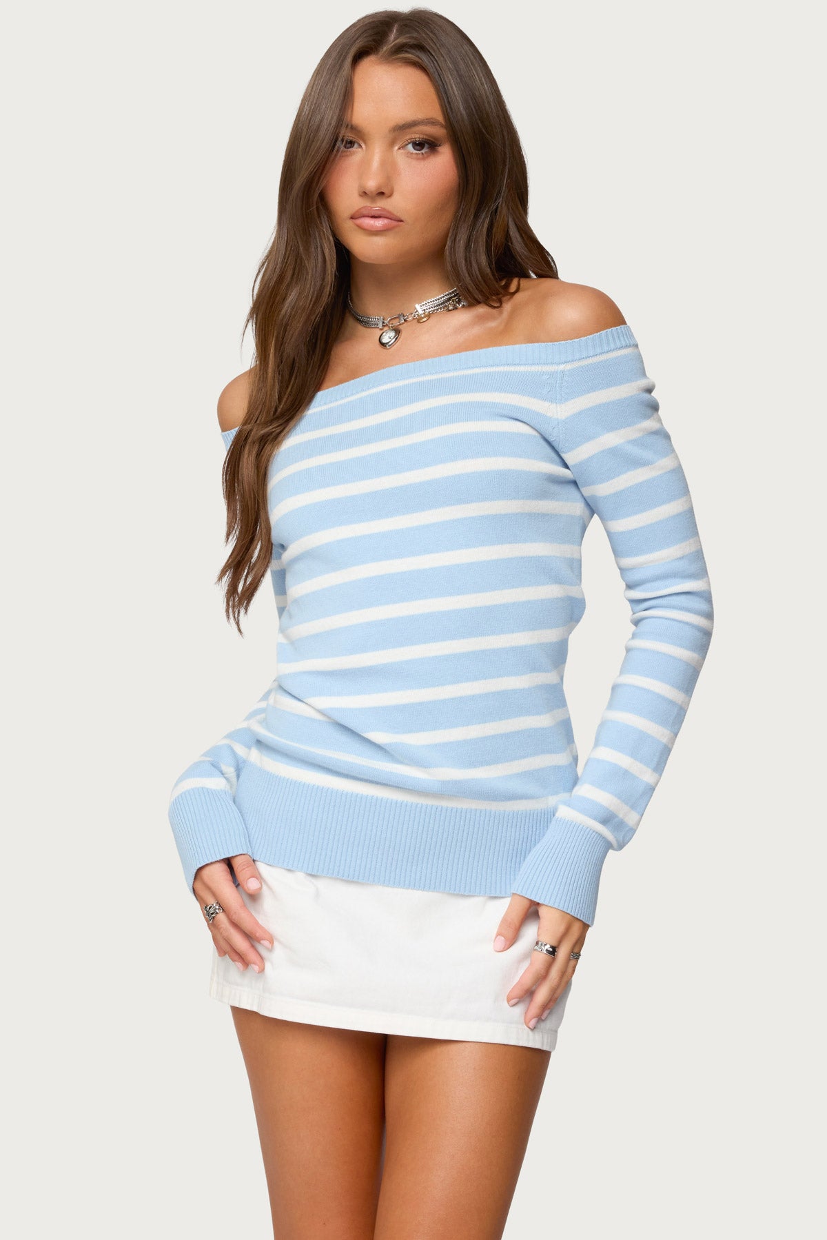 Lori Striped Off Shoulder Sweater - LIGHT-BLUE