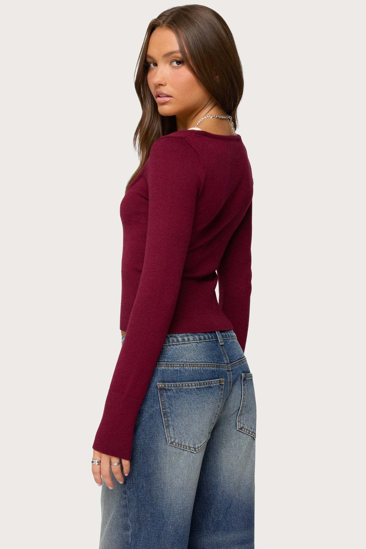 Cecile Layered Long Sleeve Top - BURGUNDY-AND-CREAM
