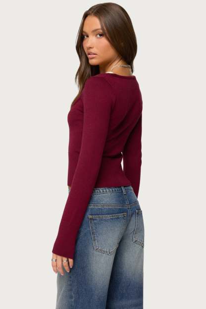 Cecile Layered Long Sleeve Top - BURGUNDY-AND-CREAM