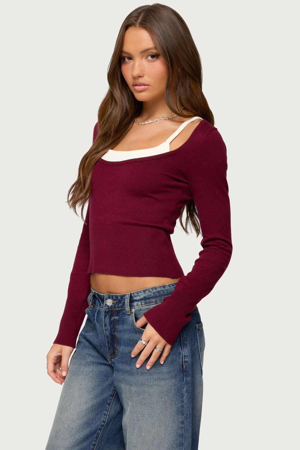 Cecile Layered Long Sleeve Top - BURGUNDY-AND-CREAM