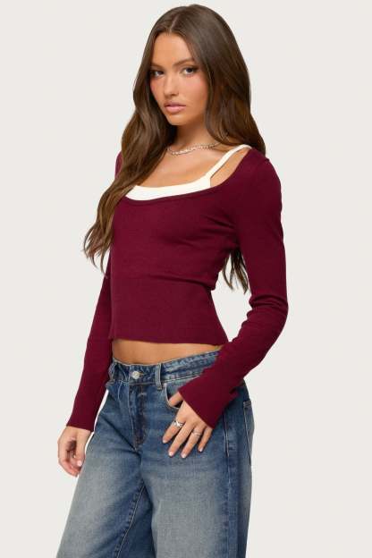 Cecile Layered Long Sleeve Top - BURGUNDY-AND-CREAM