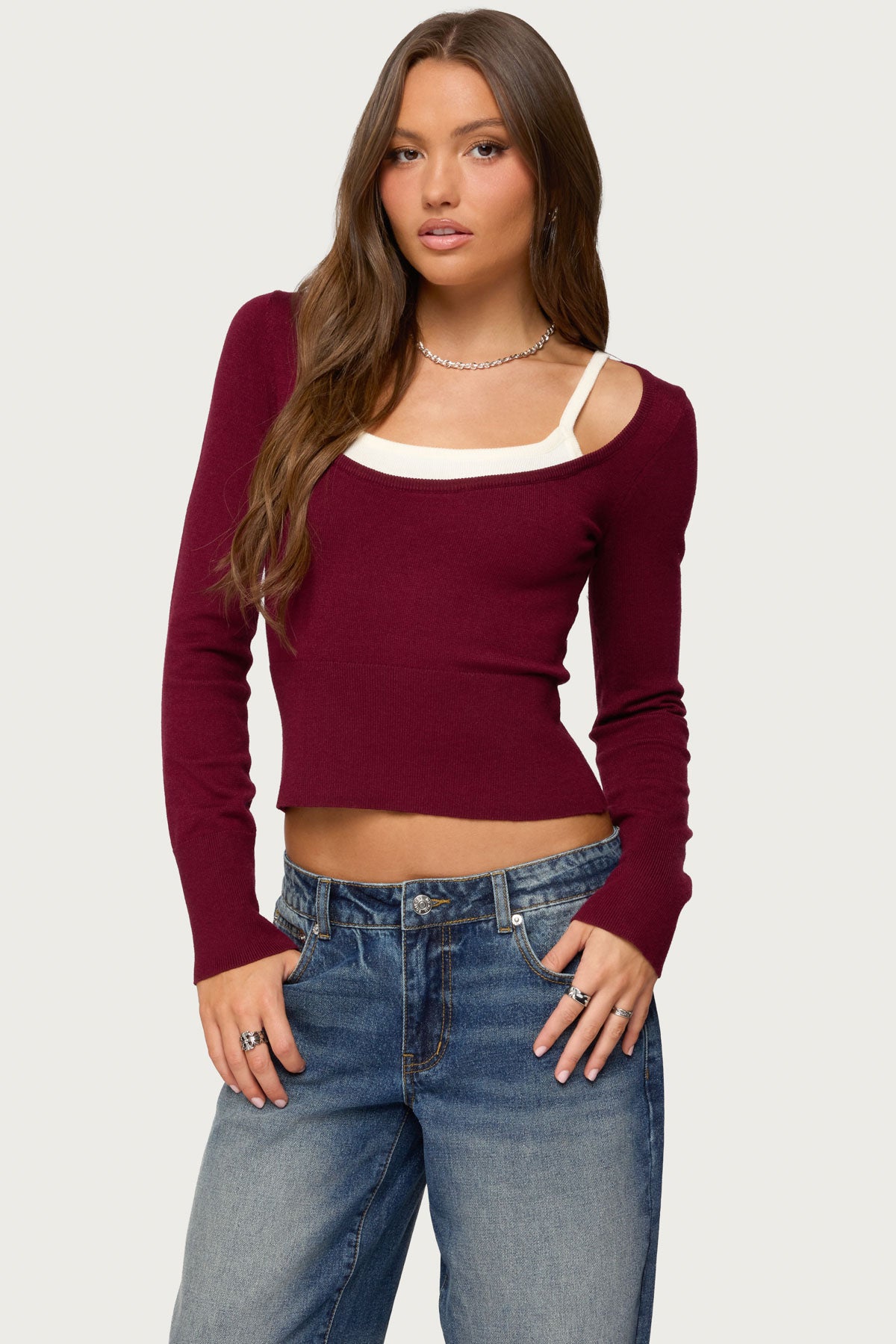 Cecile Layered Long Sleeve Top - BURGUNDY-AND-CREAM