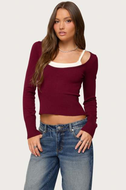 Cecile Layered Long Sleeve Top - BURGUNDY-AND-CREAM