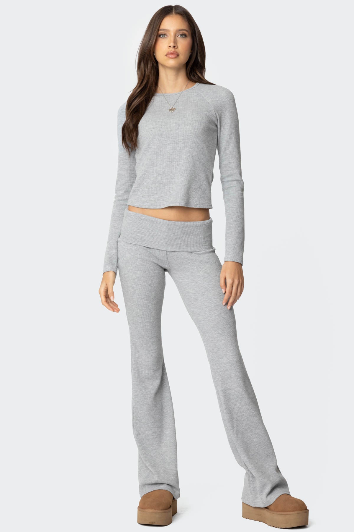 Sab Fold Over Waffle Knit Pants - GRAY MELANGE
