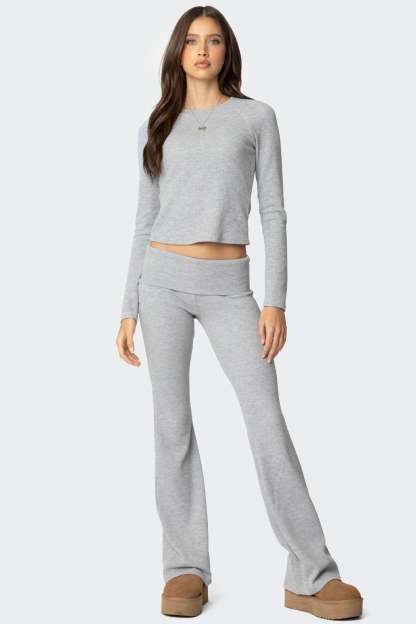 Sab Fold Over Waffle Knit Pants - GRAY MELANGE