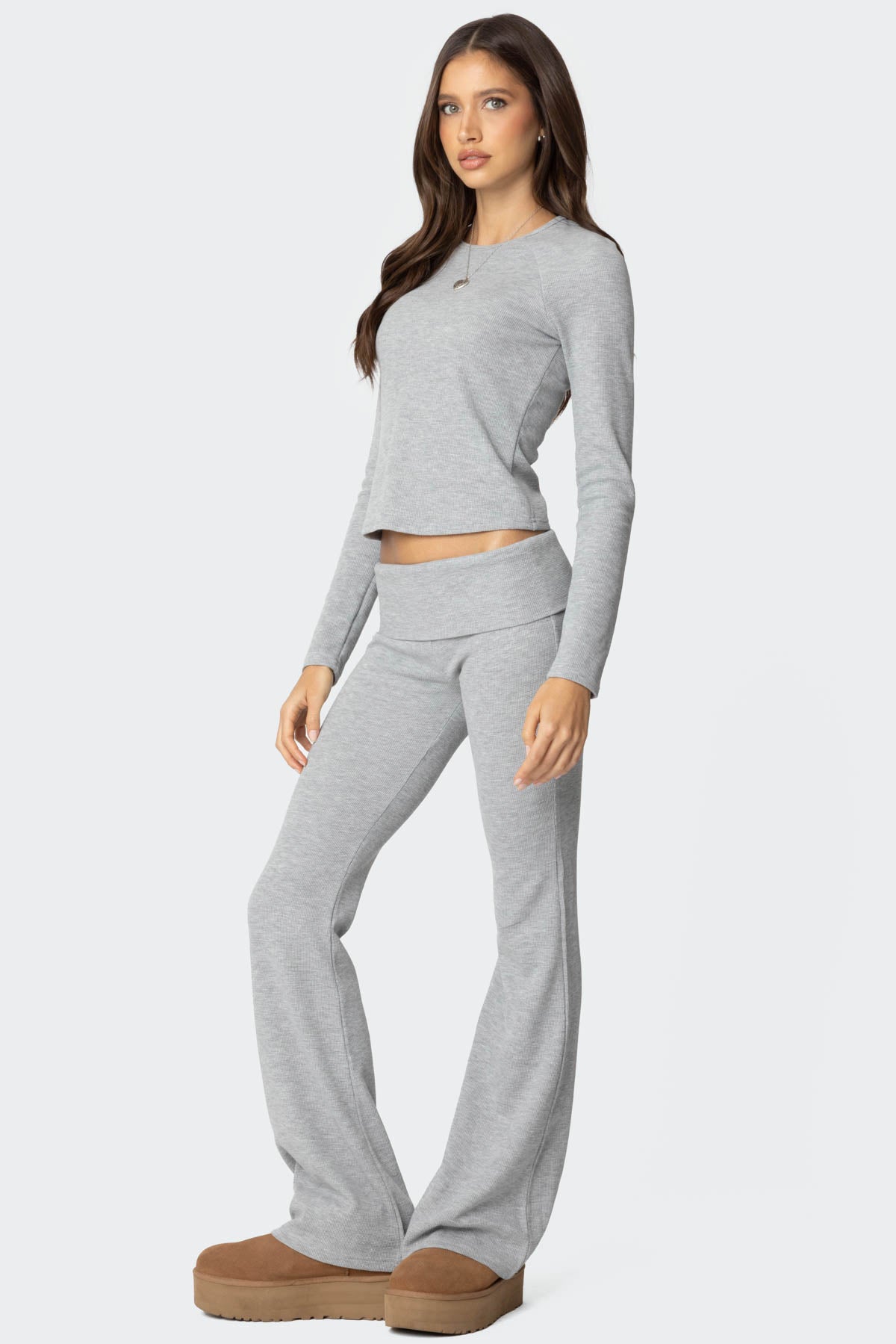 Sab Fold Over Waffle Knit Pants - GRAY MELANGE