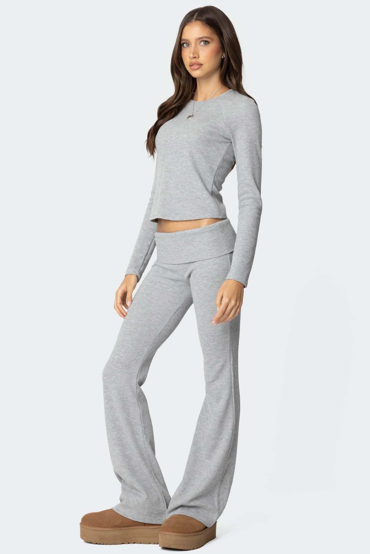 Sab Fold Over Waffle Knit Pants - GRAY MELANGE