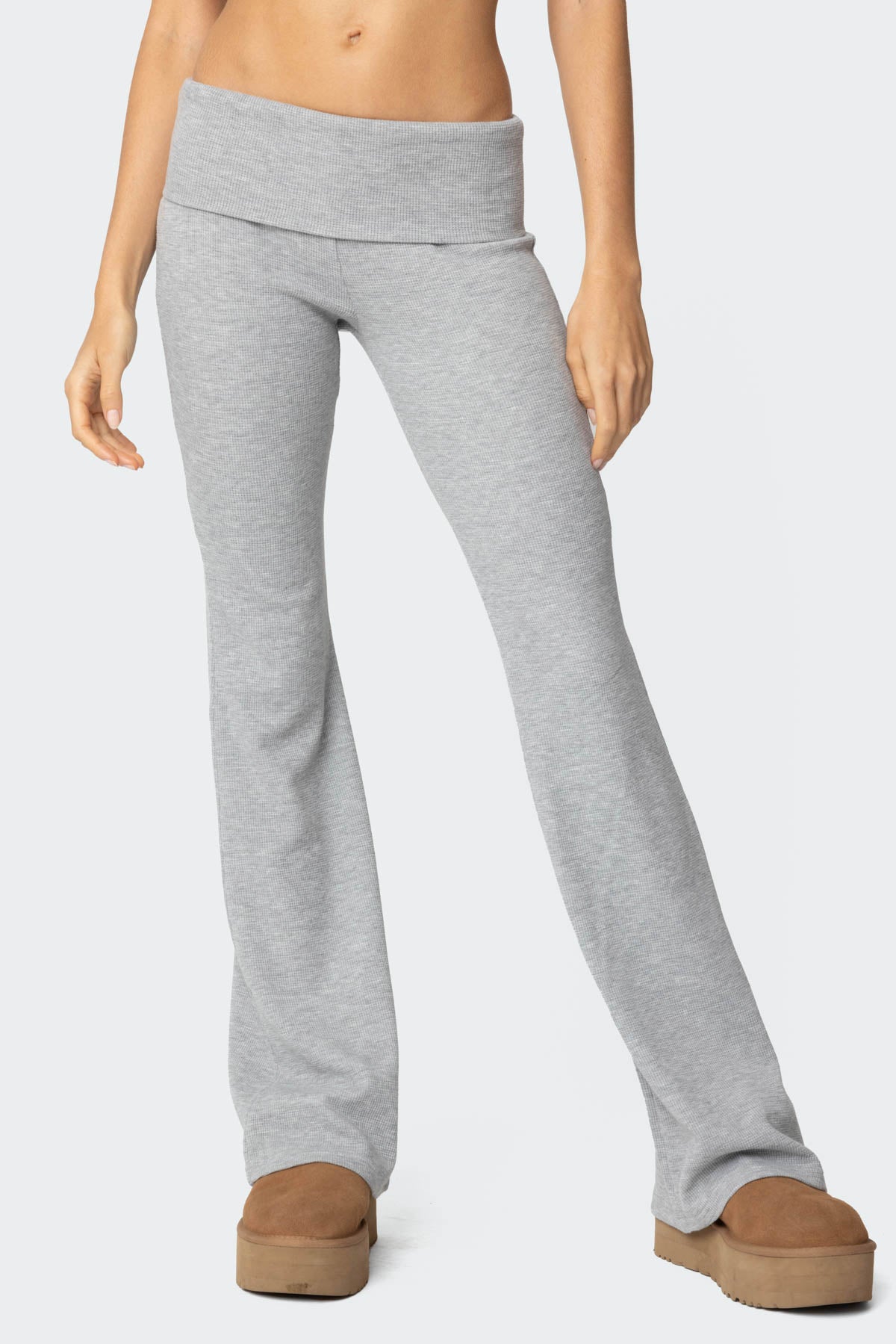 Sab Fold Over Waffle Knit Pants - GRAY MELANGE
