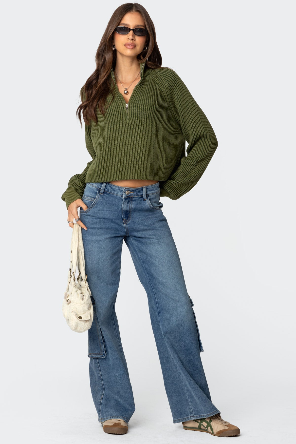 Cropped Rib Knit Half Zip Sweater - OLIVE