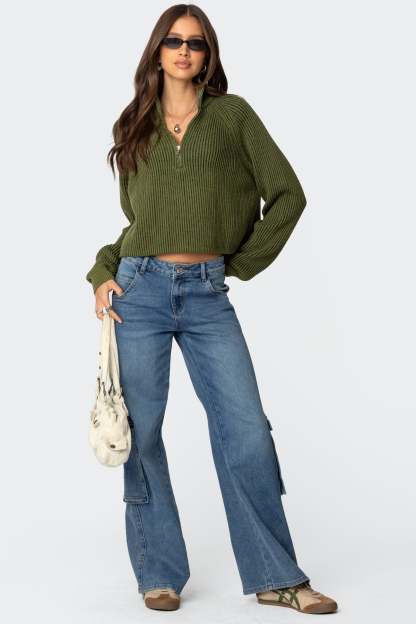Cropped Rib Knit Half Zip Sweater - OLIVE
