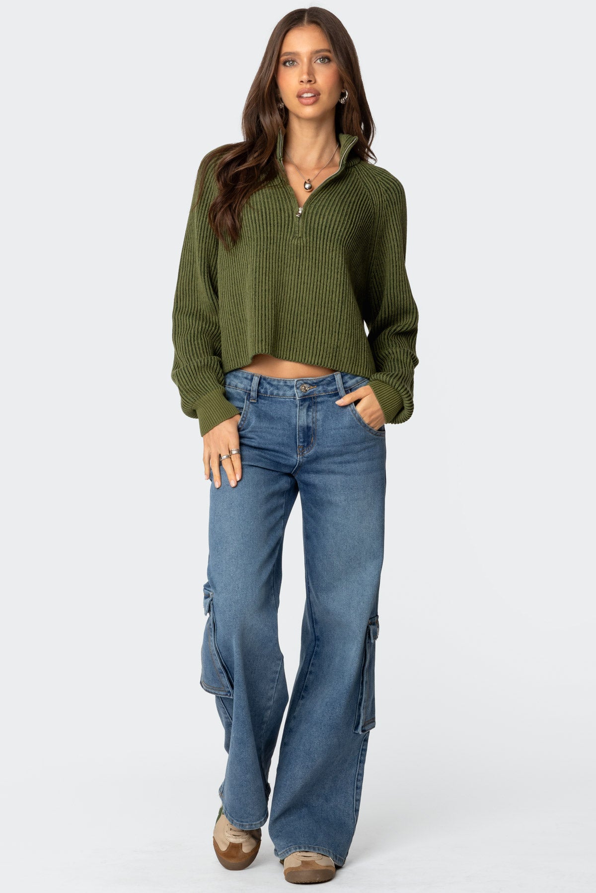 Cropped Rib Knit Half Zip Sweater - OLIVE