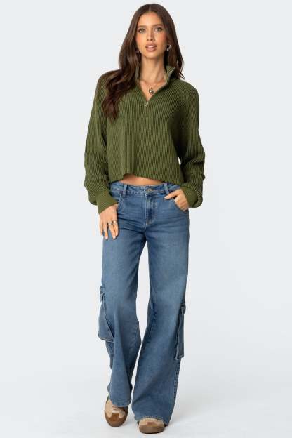 Cropped Rib Knit Half Zip Sweater - OLIVE