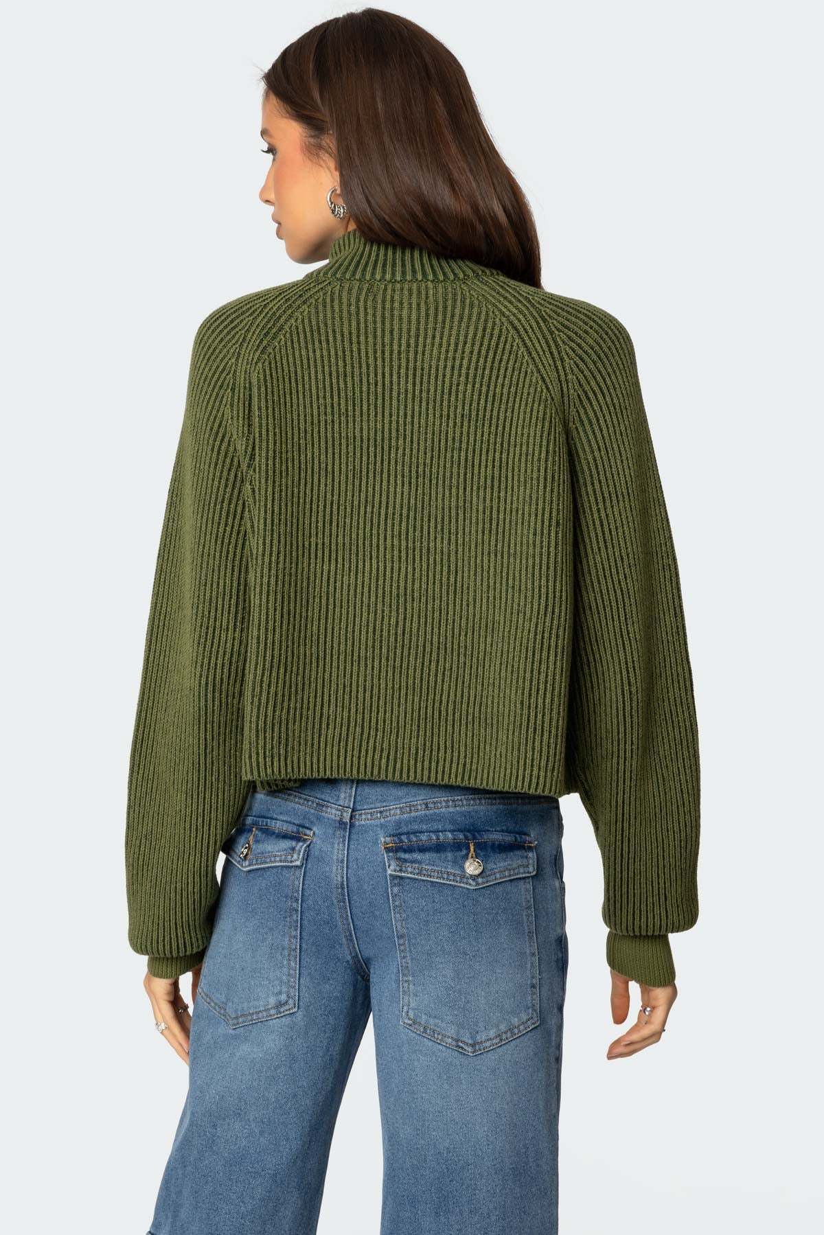 Cropped Rib Knit Half Zip Sweater - OLIVE