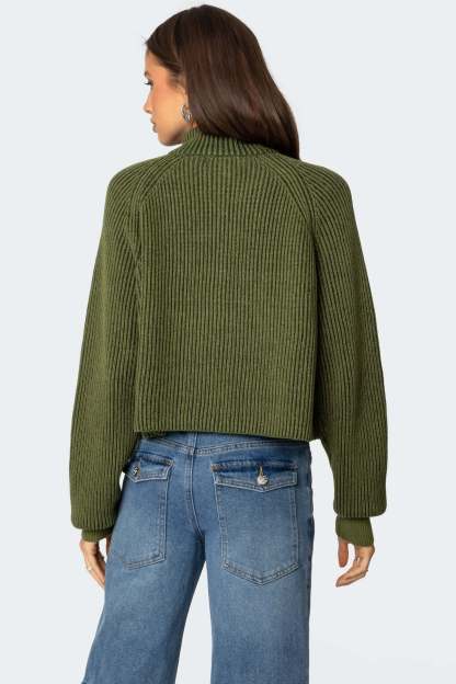 Cropped Rib Knit Half Zip Sweater - OLIVE
