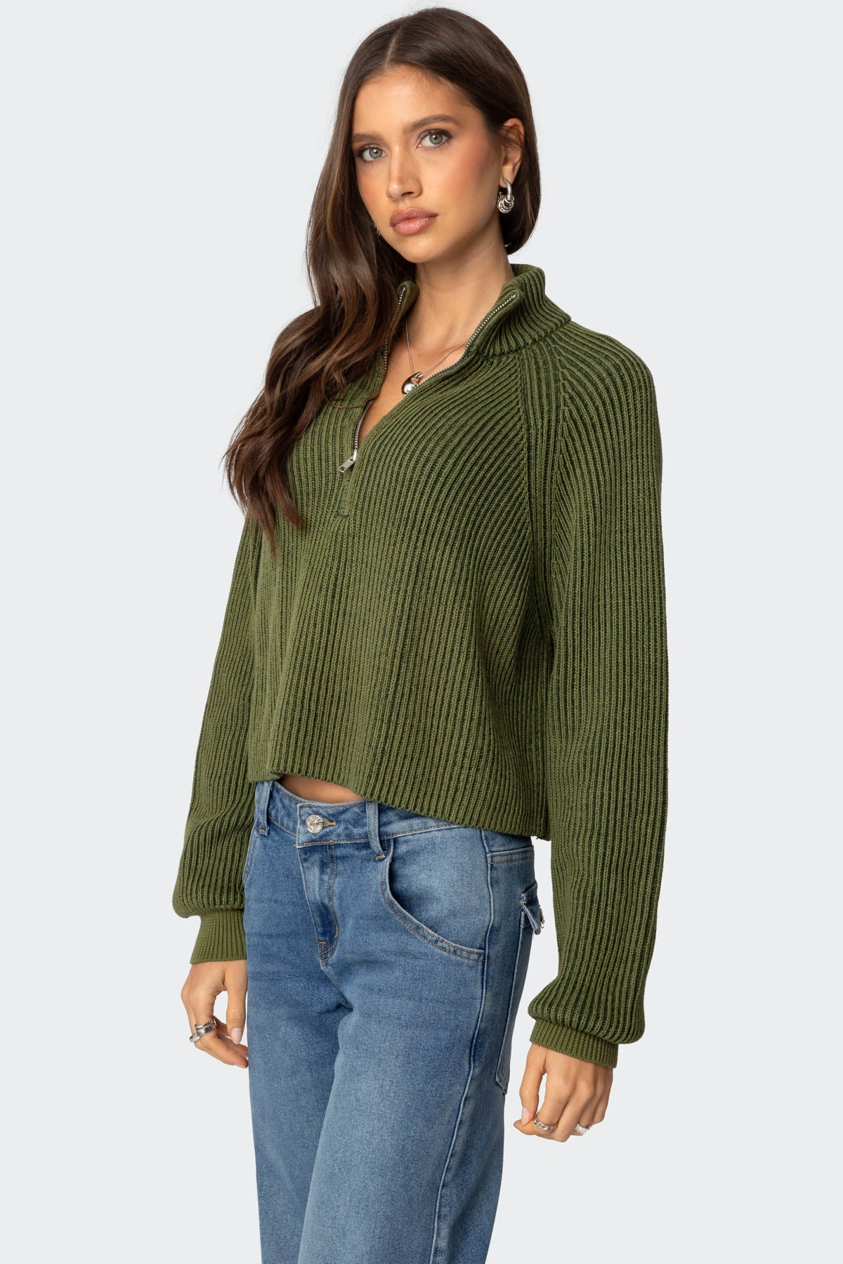 Cropped Rib Knit Half Zip Sweater - OLIVE