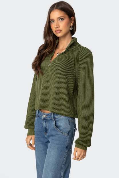 Cropped Rib Knit Half Zip Sweater - OLIVE