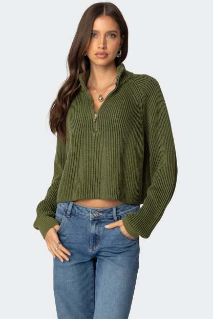 Cropped Rib Knit Half Zip Sweater - OLIVE