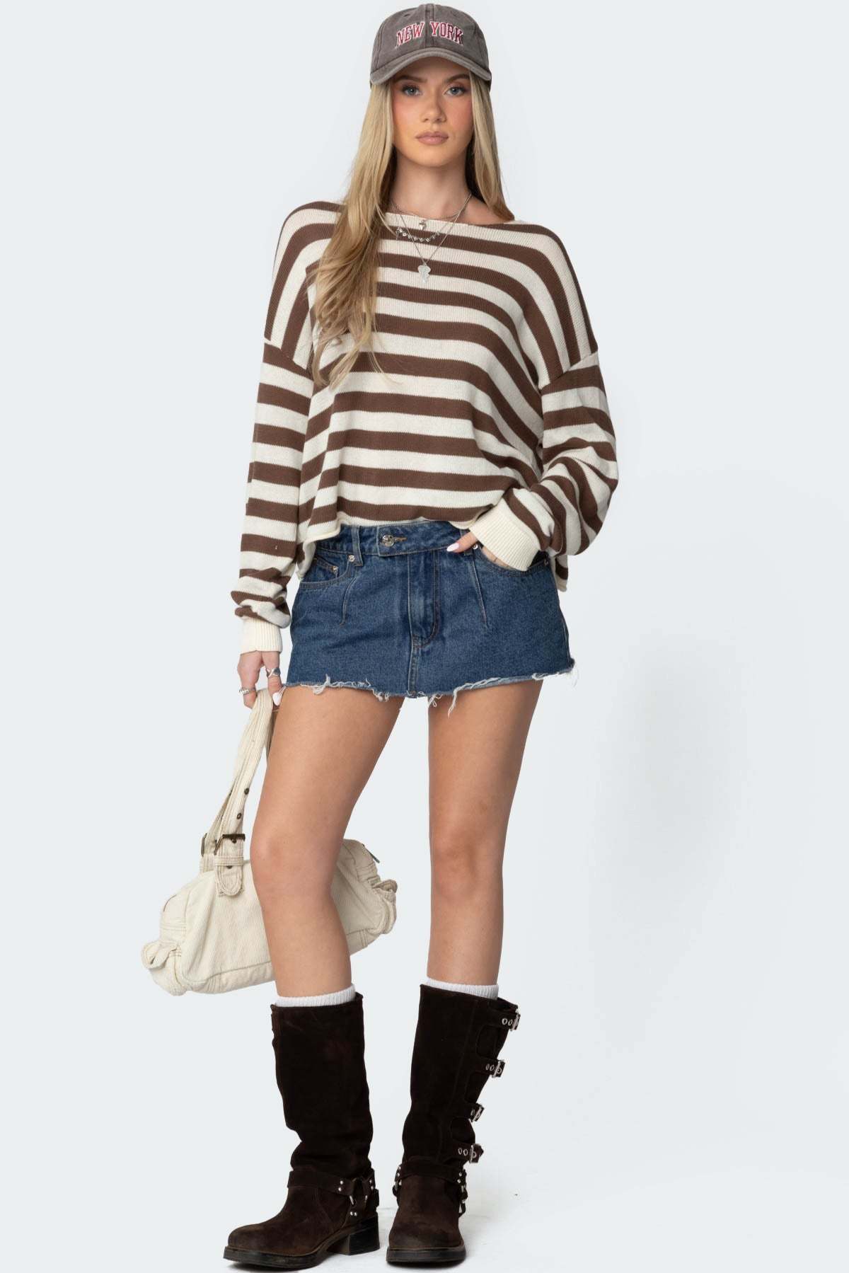 Anney Oversized Striped Sweater - BROWN AND CREAM