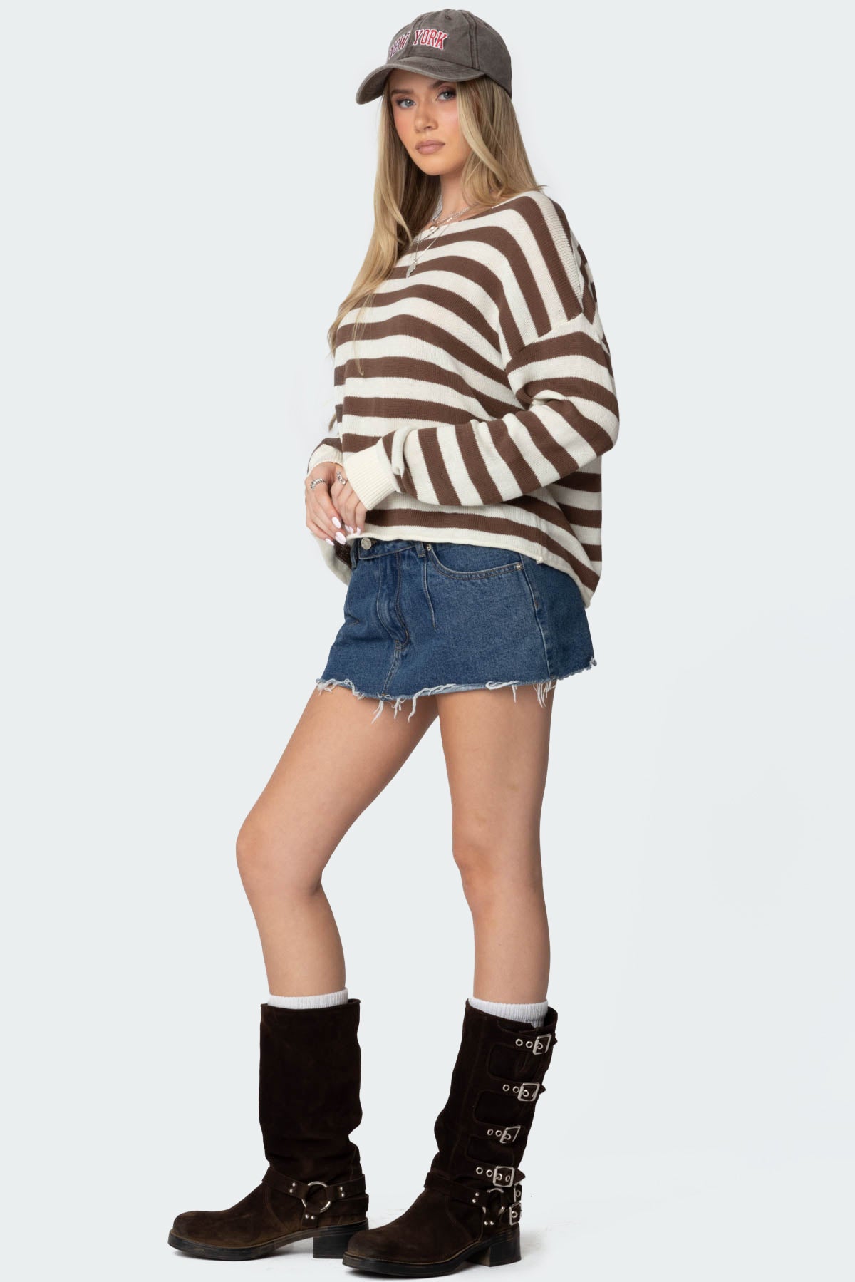 Anney Oversized Striped Sweater - BROWN AND CREAM