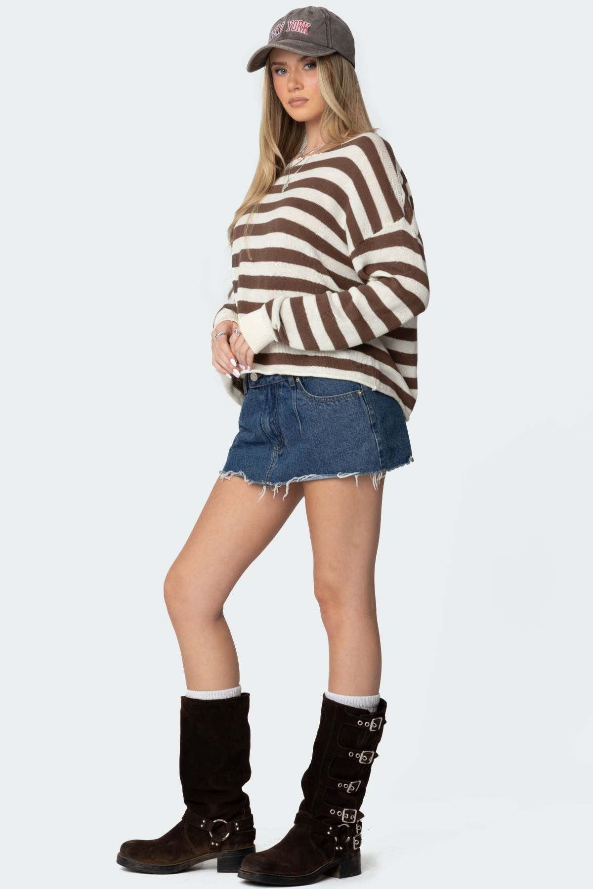 Anney Oversized Striped Sweater - BROWN AND CREAM