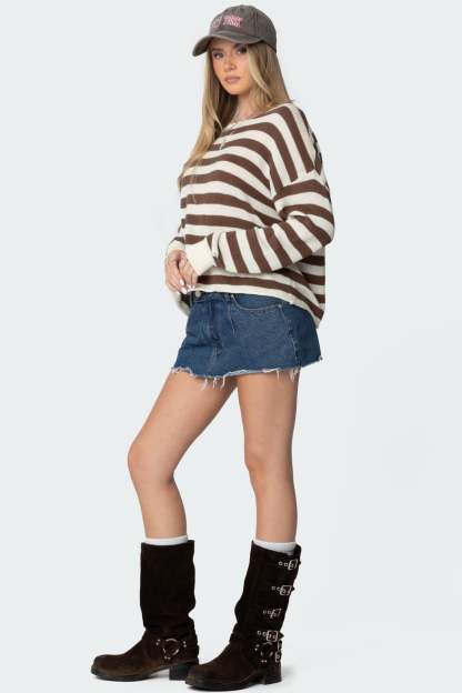 Anney Oversized Striped Sweater - BROWN AND CREAM
