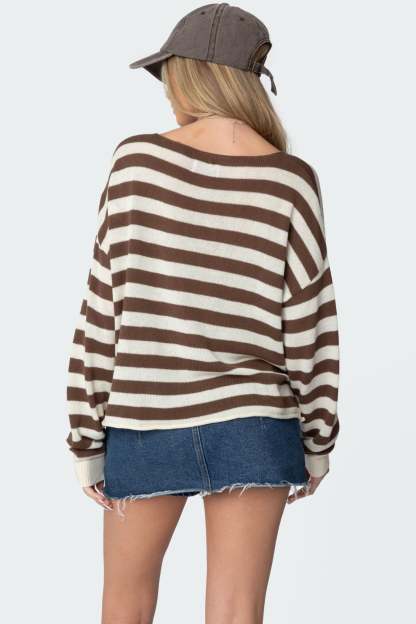 Anney Oversized Striped Sweater - BROWN AND CREAM