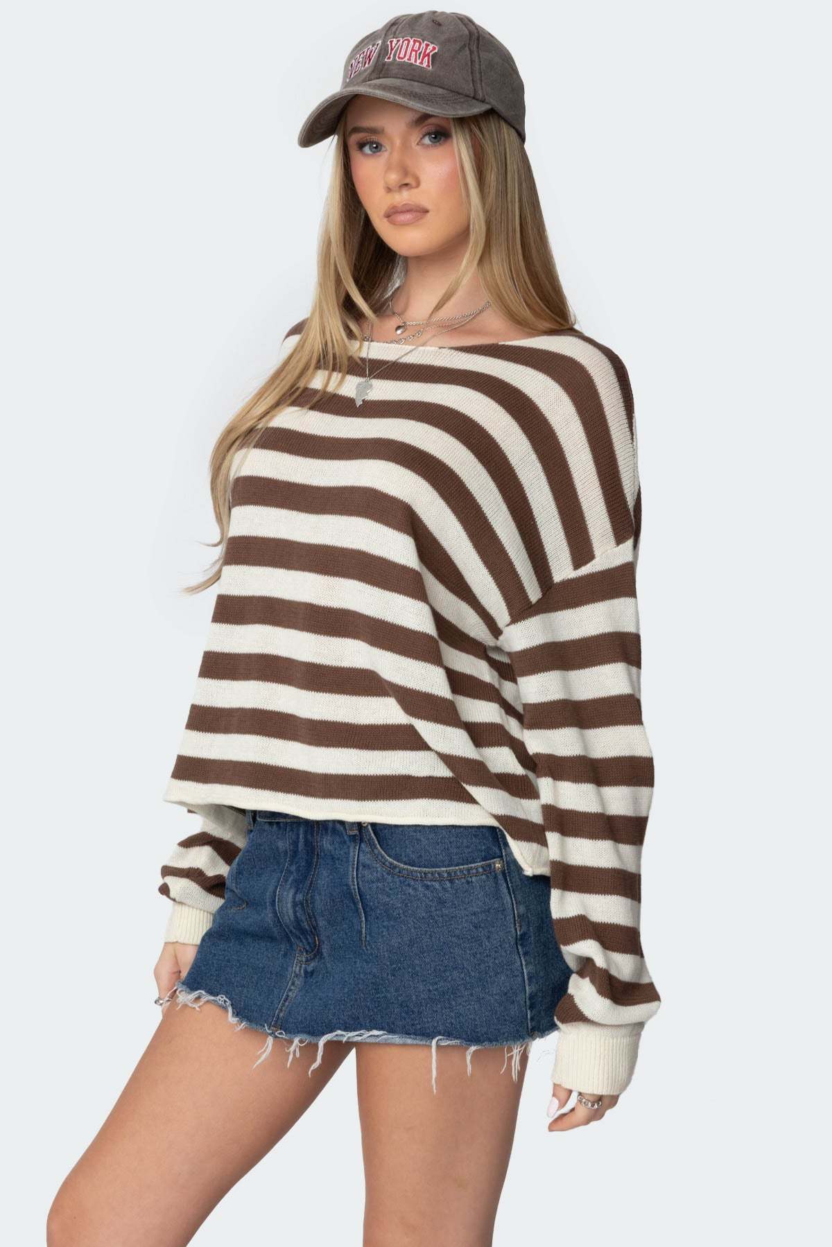 Anney Oversized Striped Sweater - BROWN AND CREAM