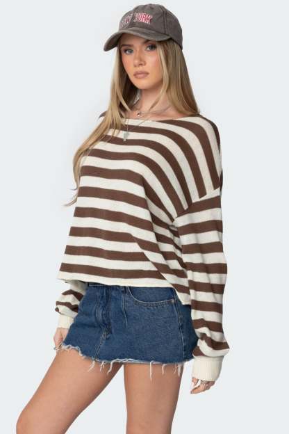 Anney Oversized Striped Sweater - BROWN AND CREAM