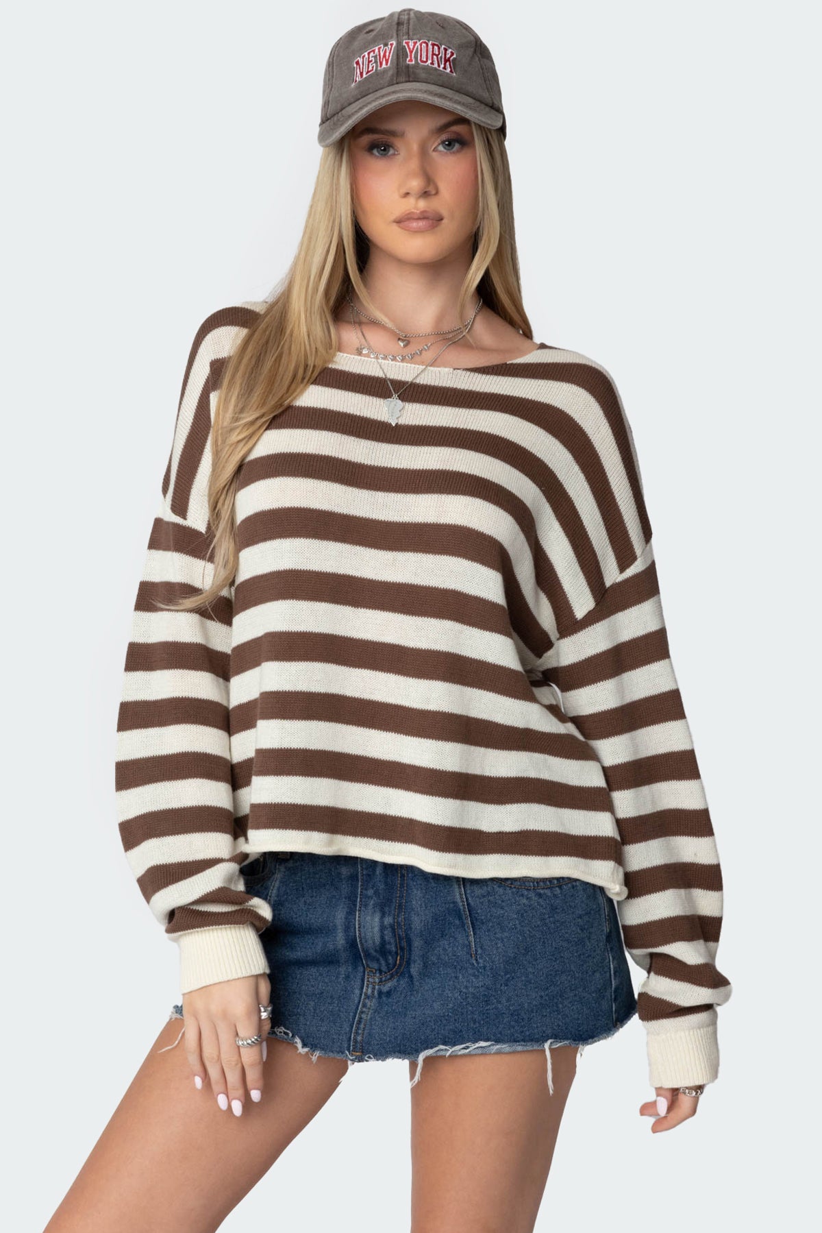 Anney Oversized Striped Sweater - BROWN AND CREAM