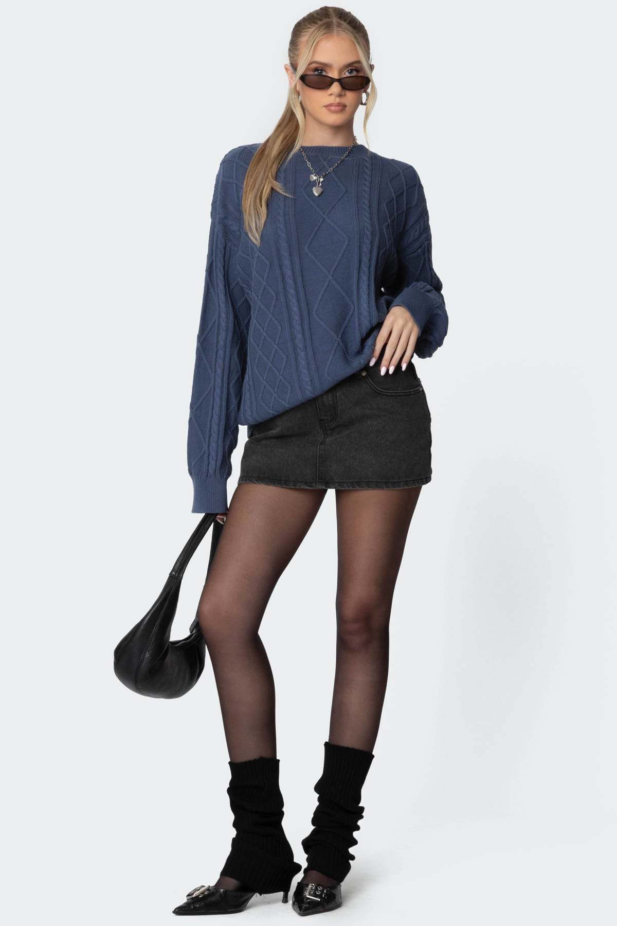 Jessy Cable Knit Oversized Sweater - BLUE