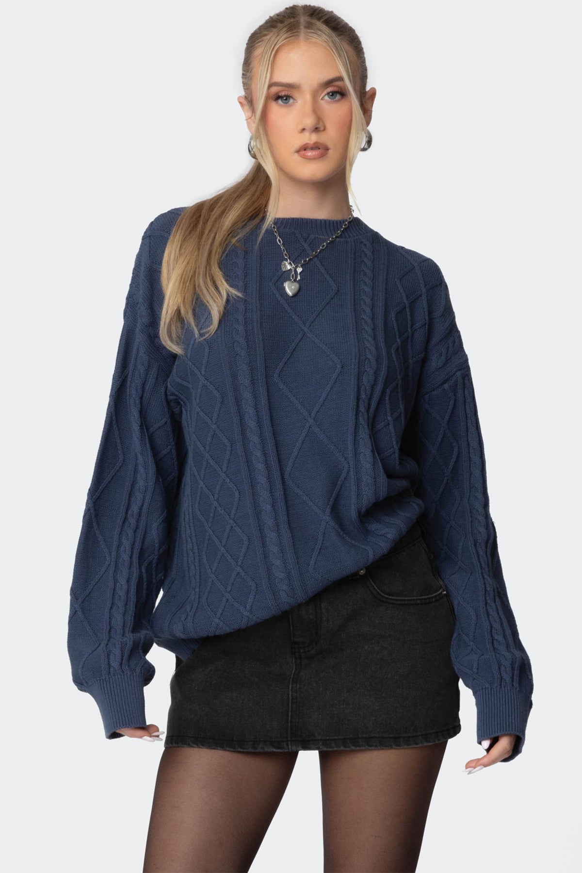 Jessy Cable Knit Oversized Sweater - BLUE