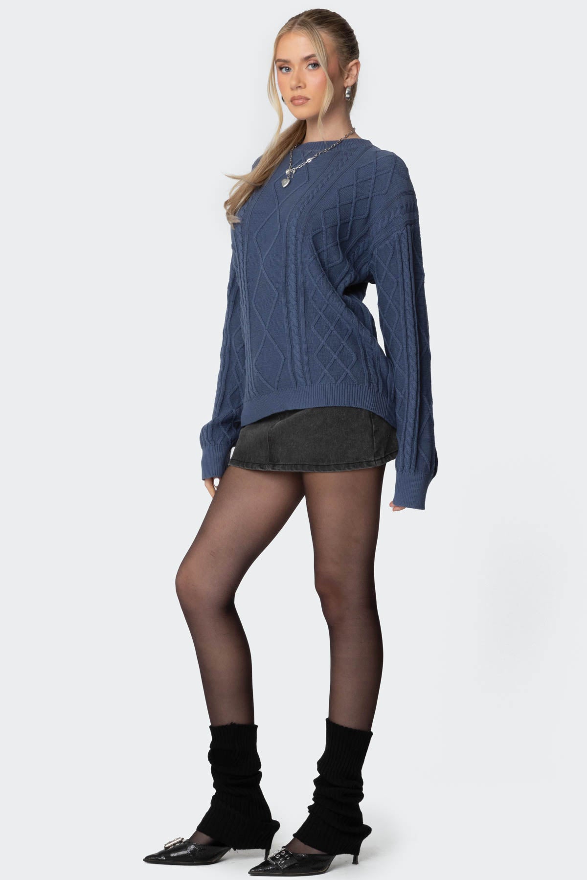 Jessy Cable Knit Oversized Sweater - BLUE