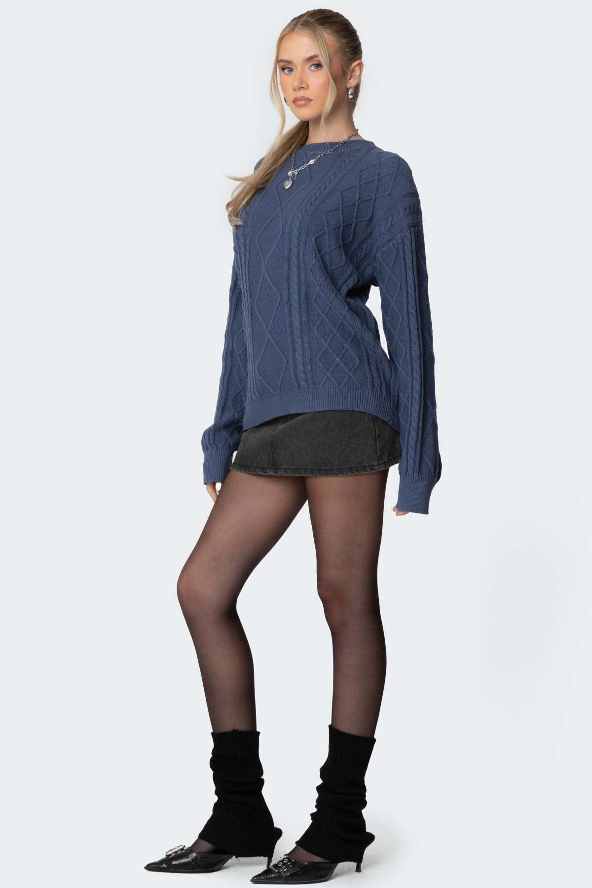 Jessy Cable Knit Oversized Sweater - BLUE