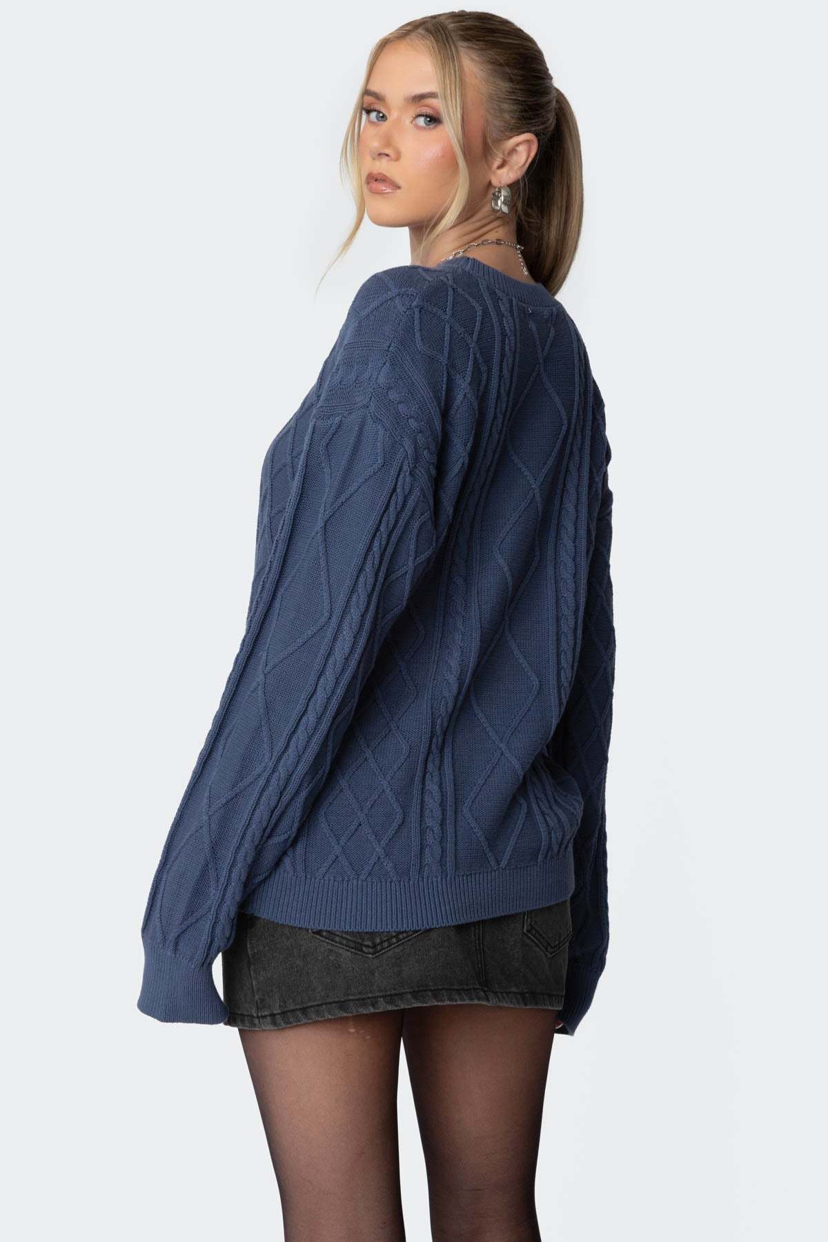 Jessy Cable Knit Oversized Sweater - BLUE