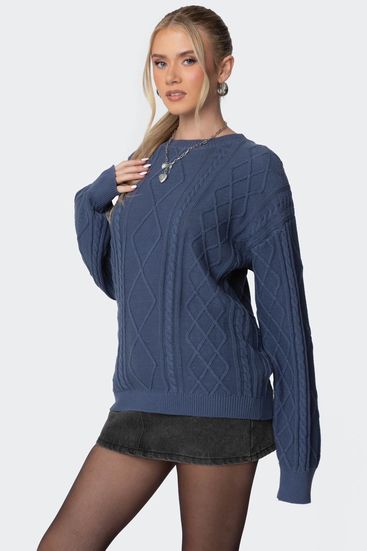 Jessy Cable Knit Oversized Sweater - BLUE