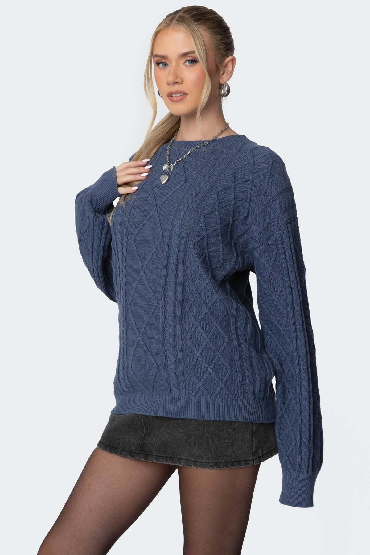 Jessy Cable Knit Oversized Sweater - BLUE