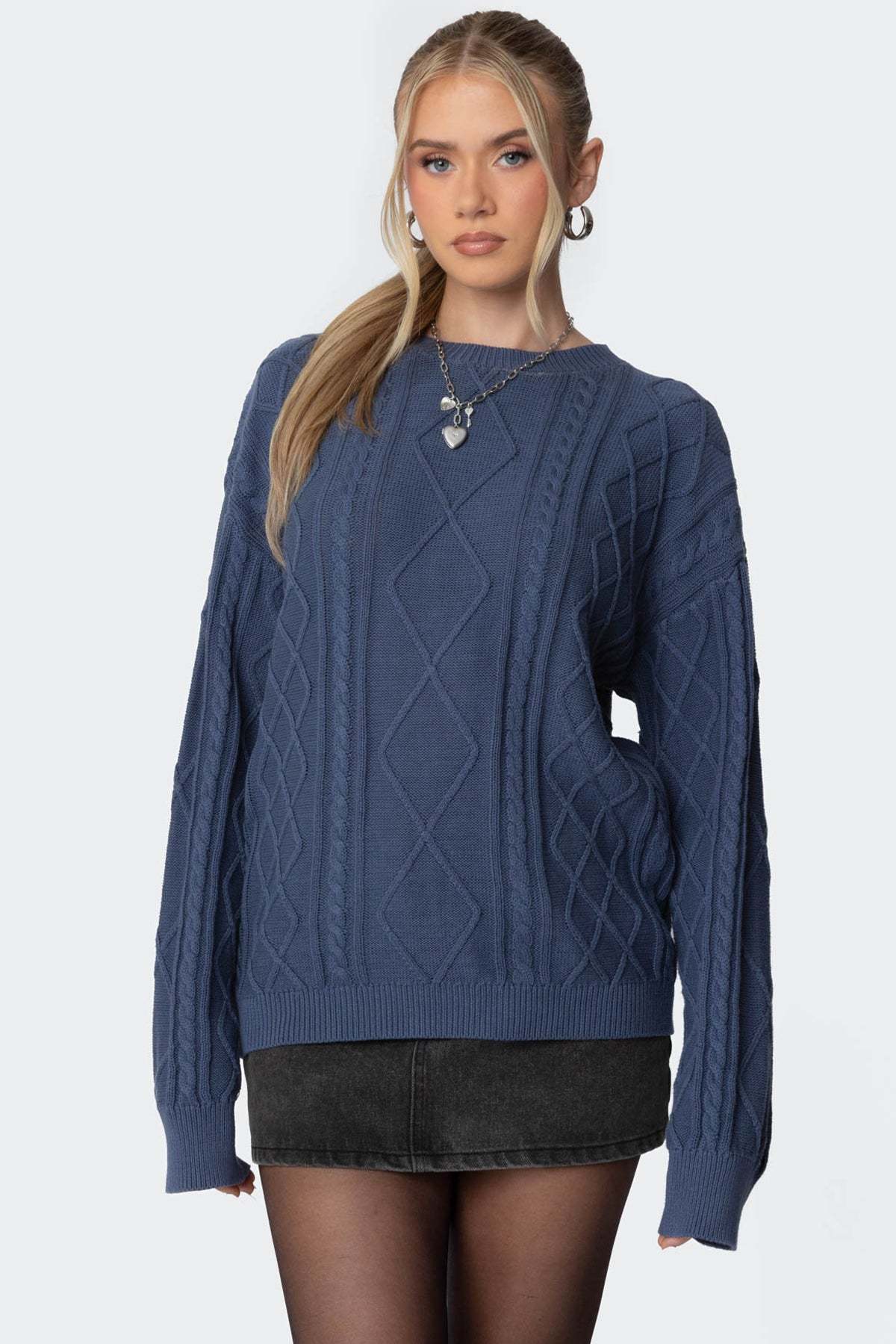 Jessy Cable Knit Oversized Sweater - BLUE