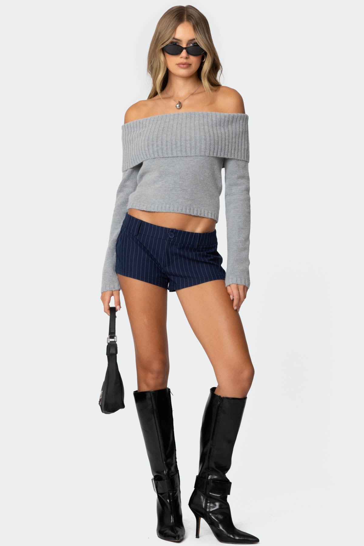 Tamara Fold Over Knit Top - GRAY MELANGE