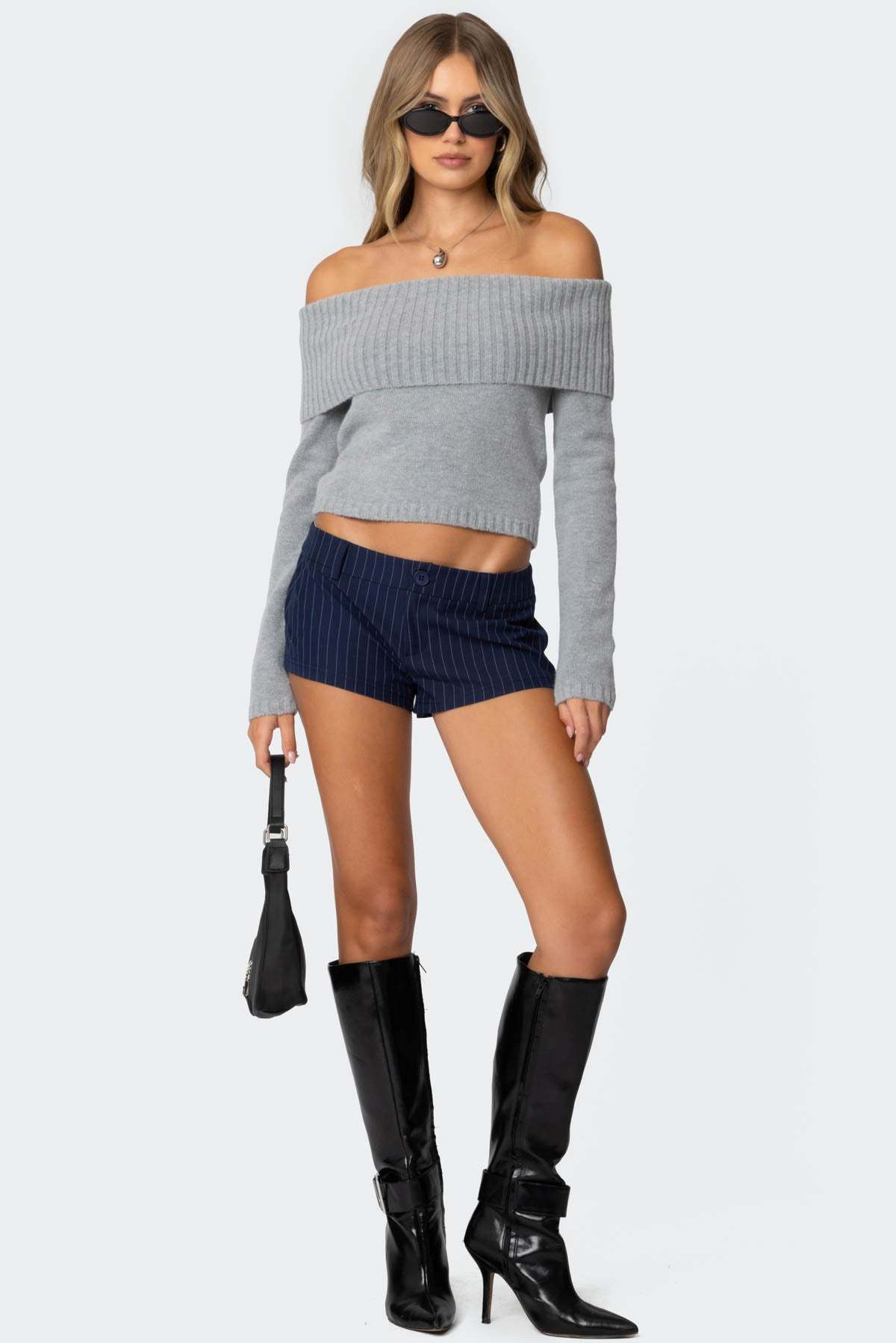 Tamara Fold Over Knit Top - GRAY MELANGE