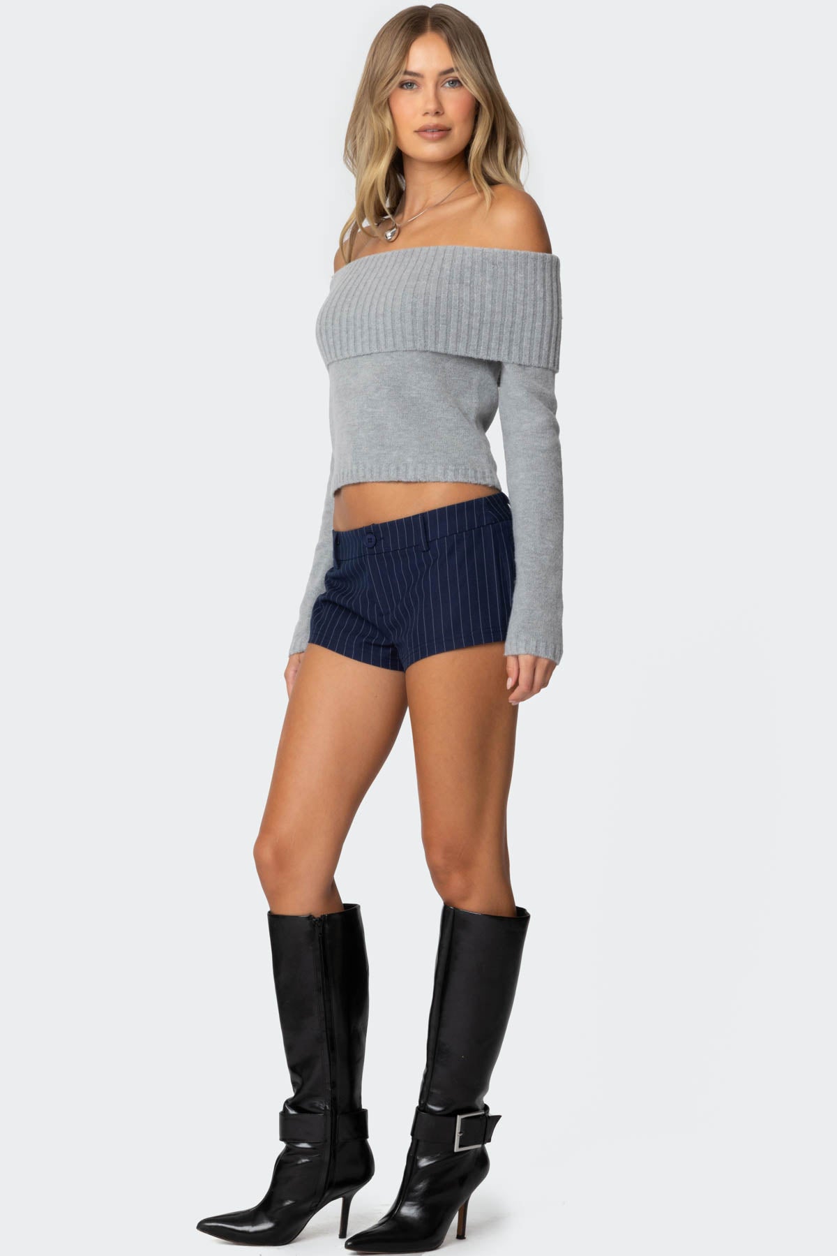 Tamara Fold Over Knit Top - GRAY MELANGE